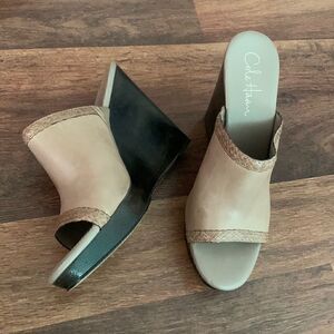 Cole haan beige wooden heel platform wedge slide